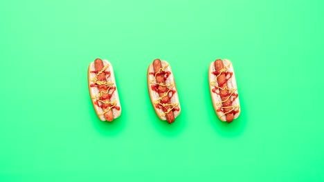 Stop-Motion-Animation-Für-Hotdogs:-Hotdogs-Auf-Einem-Grünen-Tisch-Zubereiten-Und-Essen.